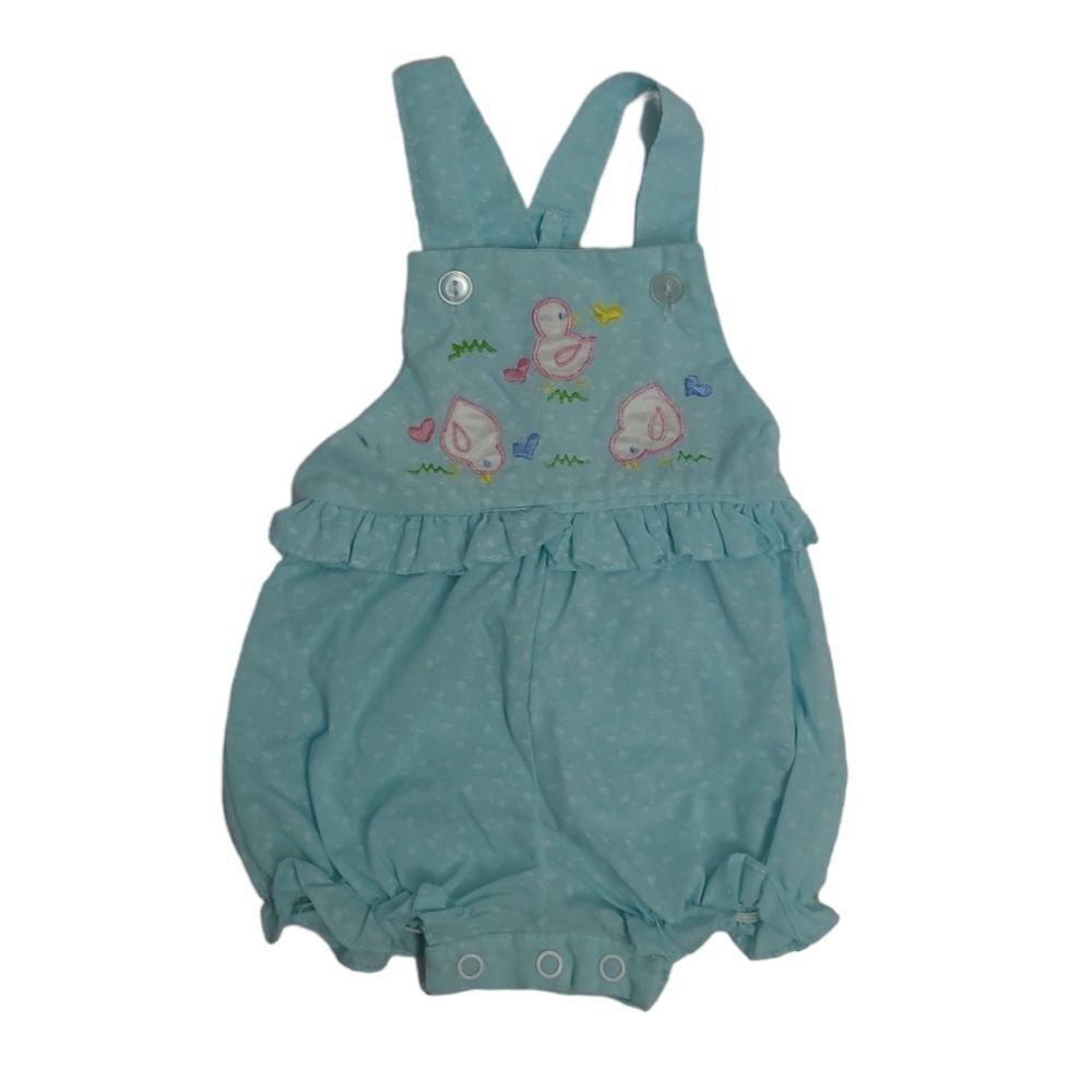 VINTAGE 90s sky blue embroidered bird‎ ruffle bubble romper 0-6 months